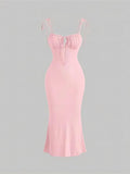 Momnfancy Chic Ruffle Bodycon Mermaid Lace Up Knot Drawstring Daily Babyshower Maternity Midi Dress