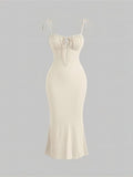 Momnfancy Chic Ruffle Bodycon Mermaid Lace Up Knot Drawstring Daily Babyshower Maternity Midi Dress