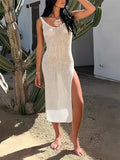Momnfancy White Side Slit Mesh Sheer Beach Vacation Fashion Cover Up Photoshoot Baby Shower Maternity Midi Dress
