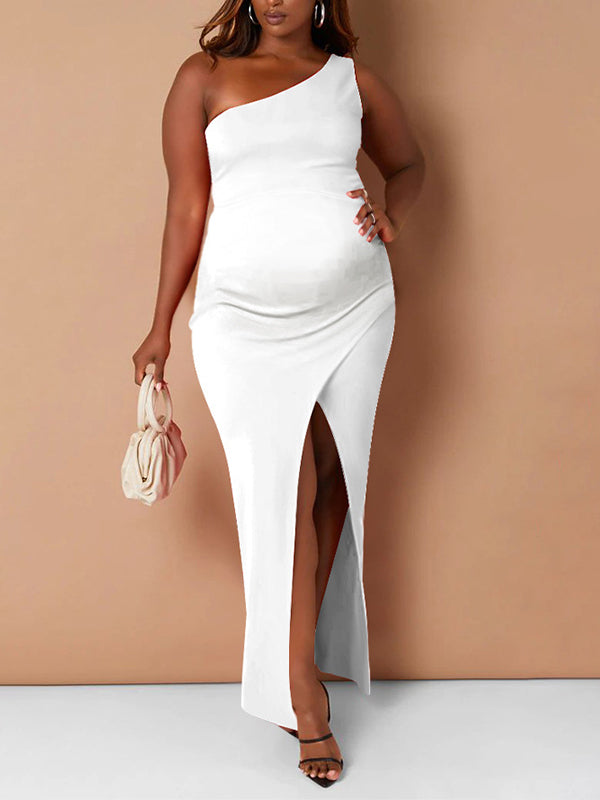 Momnfancy One Shoulder Side Slit Bodycon Elegant Photoshoot Baby Shower Maternity Maxi Dress