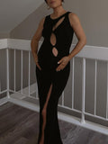 Momnfancy Black Backless Cut Out Halter Neck Side Slit Party Going Out Maternity Photoshoot Midi Dress