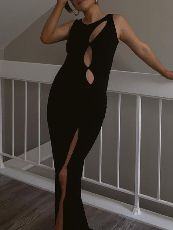 Momnfancy Black Backless Cut Out Halter Neck Side Slit Party Going Out Maternity Photoshoot Midi Dress
