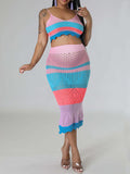 Momnfancy Spaghetti Strap Cut Out Knitwear Rainbow 2 Piece Beach Babyshower Maternity Midi Dress