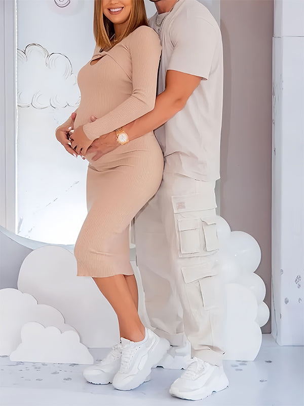 Momnfancy Khaki Halter Neck Cross Cut Out Elegant Bodycon Rib-knit Baby Shower Photoshoot Maternity Midi Sweater Dress