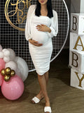 Momnfancy White Ruched Bodycon Lantern Sleeve Elegant Chic Baby Shower Maternity Midi Dress