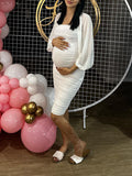 Momnfancy White Ruched Bodycon Lantern Sleeve Elegant Chic Baby Shower Maternity Midi Dress