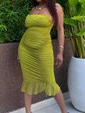 Momnfancy Elegant Drawstring Ruffle Falbala Side Slit Bodycon Babyshower Party Maternity Midi Dress