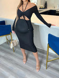 Momnfancy Elegant Black Cutout Off Shoulder Crop Drawstring Knot Basic Daily Maternity Babyshower Midi Dress
