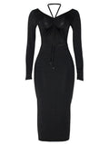 Momnfancy Elegant Black Cutout Off Shoulder Crop Drawstring Knot Basic Daily Maternity Babyshower Midi Dress