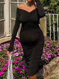 Momnfancy Elegant Layers Of Ruffle Drawstring Bodycon Off Shoulder Cocktail Maternity Babyshower Midi Dress