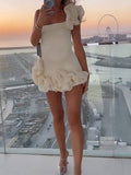 Momnfancy White Off Shoulder Ruffle Irregular Falbala Bodycon Party Baby Shower Maternity Mini Dress