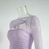 Momnfancy Purple Tulle Cut Out Ruched Slit Sleeve Fashion Bodycon Baby Shower Maternity Mini Dress