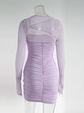Momnfancy Purple Tulle Cut Out Ruched Slit Sleeve Fashion Bodycon Baby Shower Maternity Mini Dress