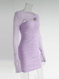 Momnfancy Purple Tulle Cut Out Ruched Slit Sleeve Fashion Bodycon Baby Shower Maternity Mini Dress