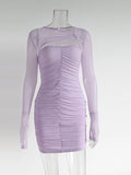 Momnfancy Purple Tulle Cut Out Ruched Slit Sleeve Fashion Bodycon Baby Shower Maternity Mini Dress