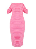 Momnfancy Pink Off Soulder Ruched Zipper Back Slit Chiffon Bodycon Gender Reveal Girl Baby Shower Outfit Maternity Mini Dress