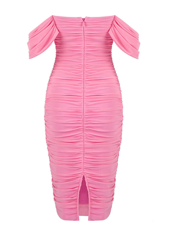 Momnfancy Pink Off Soulder Ruched Zipper Back Slit Chiffon Bodycon Gender Reveal Girl Baby Shower Outfit Maternity Mini Dress