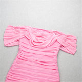 Momnfancy Pink Off Soulder Ruched Zipper Back Slit Chiffon Bodycon Gender Reveal Girl Baby Shower Outfit Maternity Mini Dress