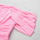 Momnfancy Pink Off Soulder Ruched Zipper Back Slit Chiffon Bodycon Gender Reveal Girl Baby Shower Outfit Maternity Mini Dress