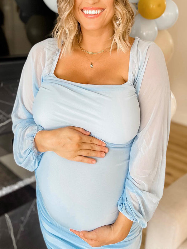 Momnfancy Ruched Mesh Belly Friendly Square Neck Lantern Sleeve Babyshower Maternity Mini Dress