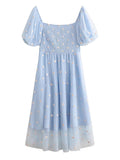 Momnfancy Light Blue Floral Ruffle Grenadine Double-deck Puff Sleeve Elegant Party Maternity Baby Shower Midi Dress