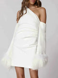 Momnfancy White Off Shoulder Feather Irregular Bodycon Cute Party Baby Shower Maternity Mini Dress