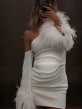 Momnfancy White Off Shoulder Feather Irregular Bodycon Cute Party Baby Shower Maternity Mini Dress