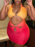 Momnfancy Orange Gradient Color Cut Out Crop Bodycon Irregular Halter Neck Lace-up V-neck Fashion Party Baby Shower Maternity Mini Dress