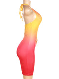 Momnfancy Orange Gradient Color Cut Out Crop Bodycon Irregular Halter Neck Lace-up V-neck Fashion Party Baby Shower Maternity Mini Dress
