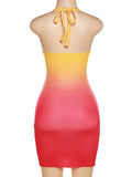 Momnfancy Orange Gradient Color Cut Out Crop Bodycon Irregular Halter Neck Lace-up V-neck Fashion Party Baby Shower Maternity Mini Dress
