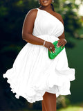 Momnfancy Off Shoulder Ruffle High Waist Irregular Pleated Flowy Plus Size Baby Shower Maternity Mini Dress