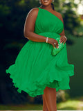 Momnfancy Off Shoulder Ruffle High Waist Irregular Pleated Flowy Plus Size Baby Shower Maternity Mini Dress