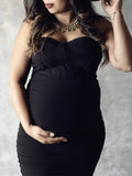 Momnfancy Black Ruched Fishbone Club Chic Bodycon Photoshoot Baby Shower Maternity Mini Dress