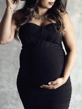 Momnfancy Black Ruched Fishbone Club Chic Bodycon Photoshoot Baby Shower Maternity Mini Dress