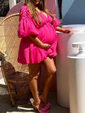 Momnfancy Rose Carmine Ruffle Lantern Sleeve Deep V-neck A-line Cute Maternity Photoshoot Baby Shower Party Mini Dress