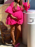 Momnfancy Rose Carmine Ruffle Lantern Sleeve Deep V-neck A-line Cute Maternity Photoshoot Baby Shower Party Mini Dress