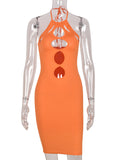 Momnfancy Orange Irregular Cut Out Bodycon Backless Cami Lace-up Halter Neck Fashion Chic Baby Shower Maternity Mini Dress