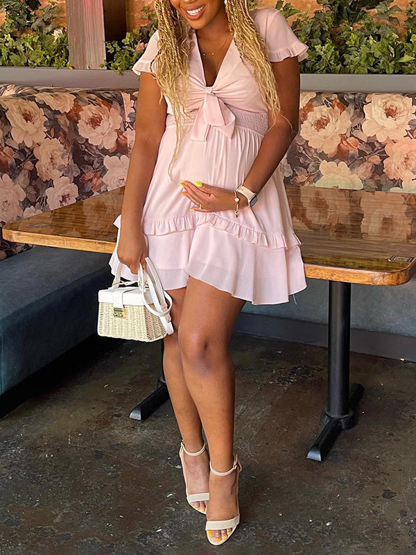 Momnfancy Pink Ruffle Bowknot Cut Out Flowy V-neck Sweet Chic Baby Shower Maternity Mini Dress