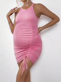 Momnfancy Pink Ruched Drawstring Fashion Bodycon Gender Reveal Baby Girl Shower Maternity Mini Dress