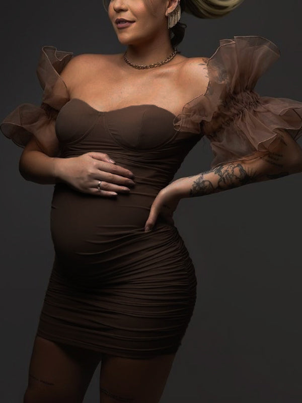 Momnfancy Chic Brown Off Shoulder Ruffle Mesh Tulle Splicing Bandeau Bodycon Party Photoshoot Maternity Mini Dress
