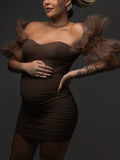 Momnfancy Chic Brown Off Shoulder Ruffle Mesh Tulle Splicing Bandeau Bodycon Party Photoshoot Maternity Mini Dress