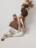 Momnfancy Chic Brown Off Shoulder Ruffle Mesh Tulle Splicing Bandeau Bodycon Party Photoshoot Maternity Mini Dress