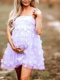 Momnfancy Violet Purple Tulle Flowers Cami A-line Flowy Sweet Maternity Cute Photoshoot Baby Shower Party Mini Dress