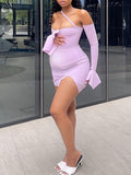 Momnfancy Irregular Side Slit Off Shoulder Cami Flare Sleeve Bodycon Chic Club Going Out Maternity Photoshoot Baby Shower Party Mini Dress