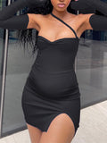 Momnfancy Irregular Side Slit Off Shoulder Cami Flare Sleeve Bodycon Chic Club Going Out Maternity Photoshoot Baby Shower Party Mini Dress