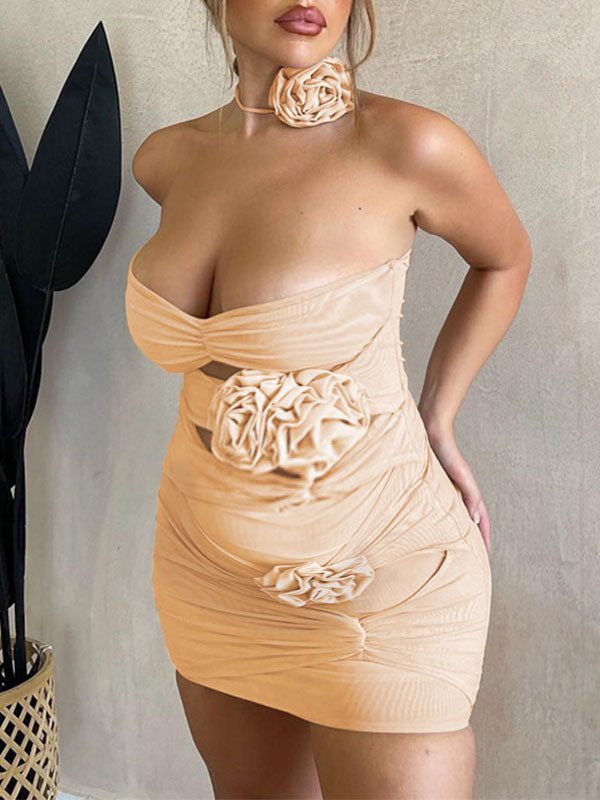 Momnfancy Apricot Off Shoulder Backless Bandeau 3D Flower Cut Out Cascading Ruffle Bodycon Party Baby Shower Maternity Mini Dress