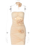 Momnfancy Apricot Off Shoulder Backless Bandeau 3D Flower Cut Out Cascading Ruffle Bodycon Party Baby Shower Maternity Mini Dress