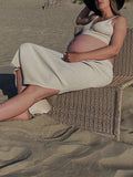 Momnfancy Beige 2 Pieces Side Slit V-neck Bodycon Beach Photoshoot Baby Shower Maternity Midi Dress