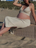 Momnfancy Beige 2 Pieces Side Slit V-neck Bodycon Beach Photoshoot Baby Shower Maternity Midi Dress