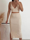 Momnfancy Beige 2 Pieces Side Slit V-neck Bodycon Beach Photoshoot Baby Shower Maternity Midi Dress